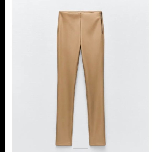 ZARA Tan Faux Leather High Rise Extra Long Pants (MEDIUM) - Picture 1 of 10